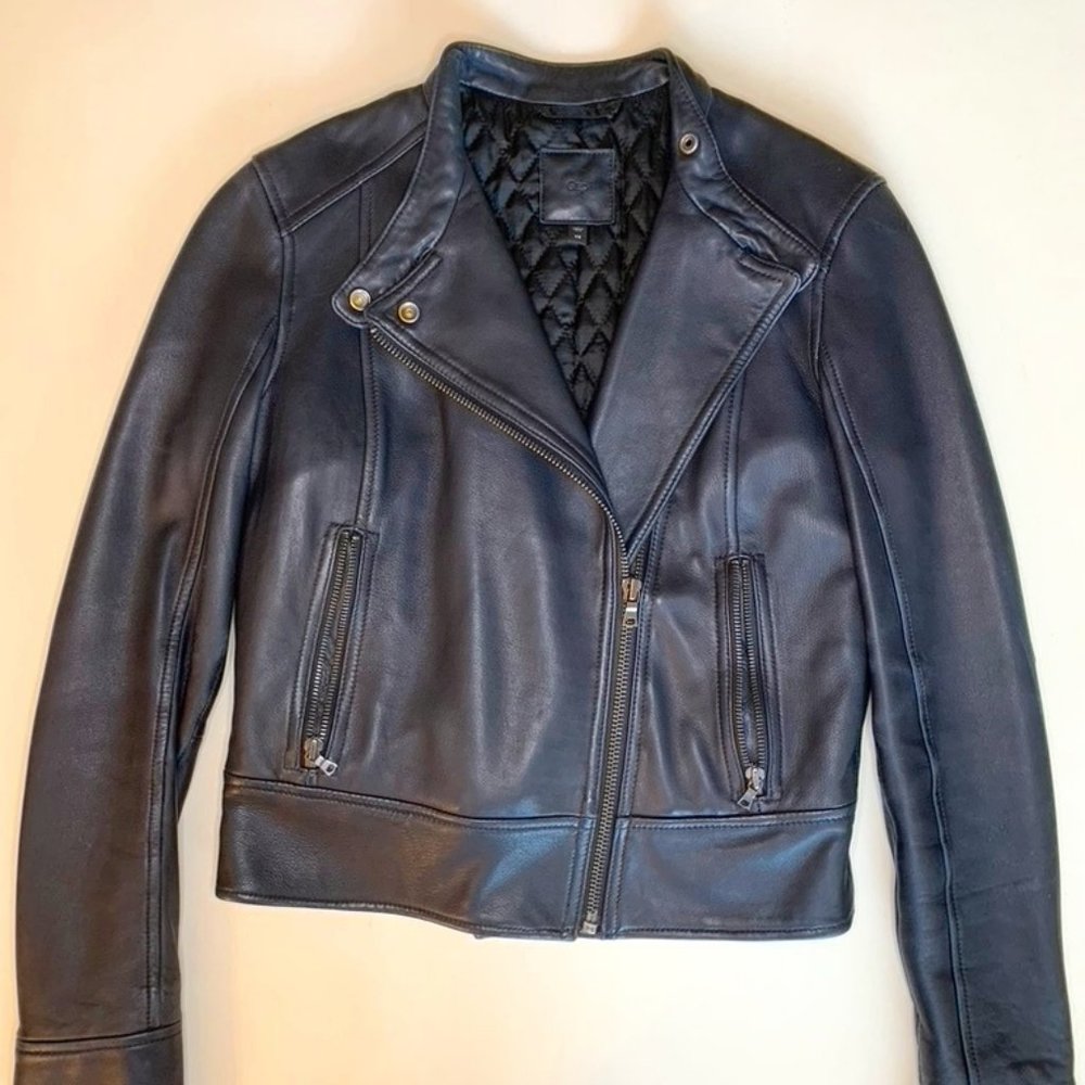 Genuine lambskin leather black moto jacket, size xs